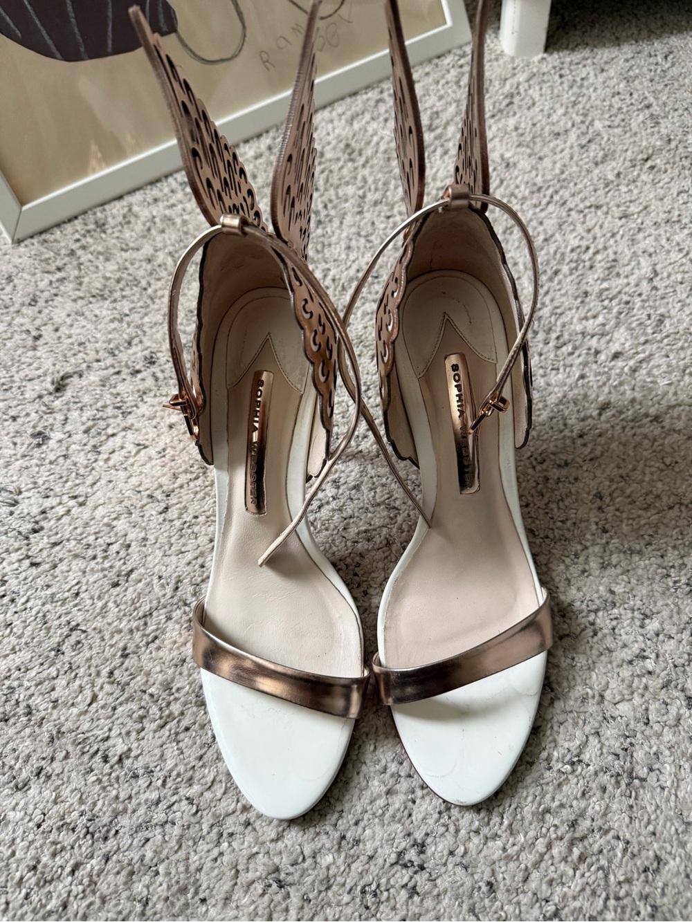 Sophia Webster Rose Gold Wing-Embellished Strappy Heels with White Footbed